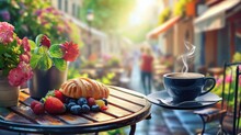  A Cup Of Coffee Sitting On Top Of A Wooden Table Next To A Plate Of Fruit And A Bundt Cake On A Table Next To A Pot Of Flowers.