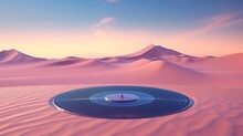 Surreal Landscape Illustration With A Giant Vinyl Record Player In The Desert. Fantasy Landscape With Vinyl Record Player In The Desert And Dunes In Sound Waves.