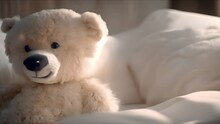 Plush White Teddy Bear With A Smiling Face, Nestled In Soft Bedding.
