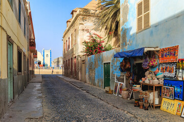 Vibrant street with handicraft store in Sal Rei town. Boa Vista, Kape Verde.