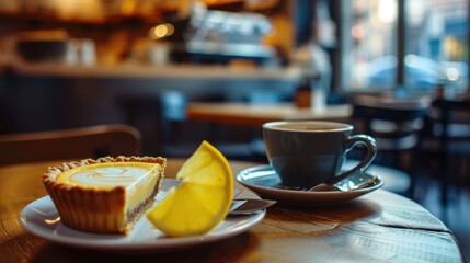 Poster -  a cup of coffee and a slice of lemon pie on a white plate on a wooden table in a cafe with a cup of coffee and a saucer in the background.