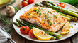 Baked salmon garnished with asparagus and tomatoes with herbs. Ai Generative