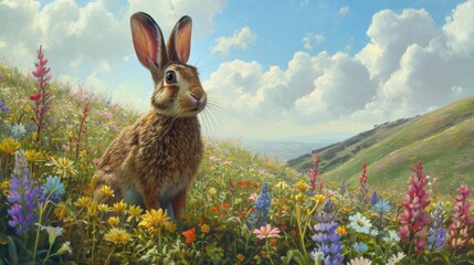 Wall Mural -  a painting of a rabbit sitting in a field of wildflowers with a blue sky and clouds in the background and a hill in the foreground with flowers in the foreground.