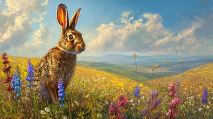 Wall Mural -  a painting of a rabbit standing in a field of wildflowers with a blue sky and clouds in the background, with a painting of a field of wildflowers in the foreground.