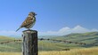  a painting of a bird sitting on top of a wooden post in a grassy field with hills in the background and a barbed wire fence in the foreground with a blue sky.