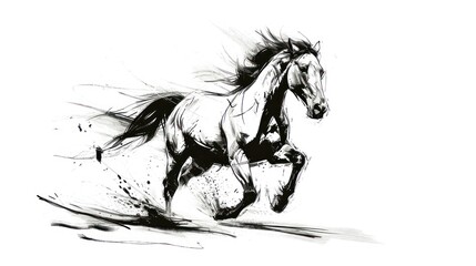 Naklejka na meble  a black and white drawing of a running horse on a white background with a splash of paint on the back of the horse's head and the horse's body.