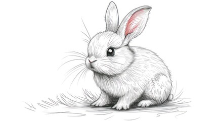 Poster -  a drawing of a white rabbit sitting on the ground with its ears up and eyes wide open, with grass and water in front of it, and a white background.