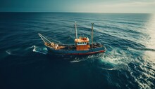 Small Fishing Boat Sailing In The Open Sea. Generative AI.