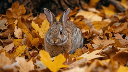 Poster -  a rabbit sitting in the middle of a pile of leaves and looking at the camera with a surprised look on its face and ears, sitting in front of a pile of yellow and brown leaves.