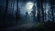 scary spooky dark forest at night with full moon