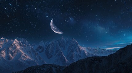 Sticker -  a view of a mountain range at night with a half moon in the sky and a few stars in the sky over the top of the top of the mountain.