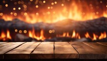 Wooden Table With Fire Background