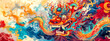 Tibetan dragon painting, a vibrant dance of fire and water. banner with copy space