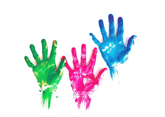 three children's hands covered in blue, green, and pink paint, raised to support awareness for rare 