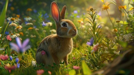 Wall Mural -  a rabbit sitting in the middle of a field of wildflowers with the sun shining on it's back and its eyes wide open and ears wide open.