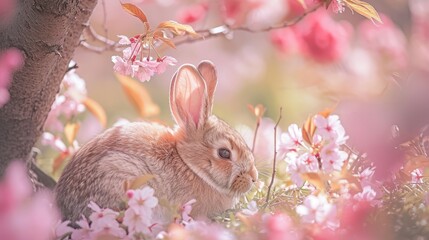 Sticker -  a rabbit is sitting in the middle of a field of flowers with a tree in the foreground and a tree in the background with pink flowers in the foreground.