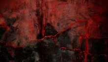Black Blood Red Grunge Or Horror Background Old Rough Concrete Distressed Texture The Wall Of The Building With Cracks Close Up Crushed Broken Damaged Surface Creepy Spooky Halloween Concep