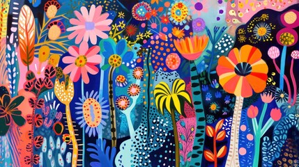 Sticker -  a painting of colorful flowers and plants on a blue and pink background with circles and dots on the bottom half of the painting and the bottom half of the painting.