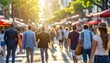 crowd of people on a sunny summer street blurred abstract background in out of focus sun glare image light