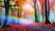Landscape In A Fabulous Forest Rainbow Spectrum Of Colorful Autumn Trees In Unusual Neon Lighting Fog Background Autumn Fantasy