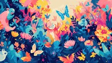  A Painting Of Colorful Flowers And Butterflies In A Field Of Blue, Pink, Yellow, Orange, And Pink Flowers With A Sky Background Of Blue, Pink, Yellow And Orange.