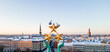 Freedom Monument known as Milda, located in the centre of Riga, the capital of Latvia. Close-up aerial view of three stars