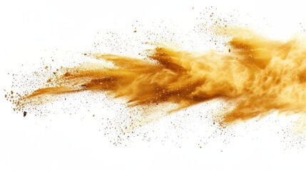 Small Fine size Sand flying explosion, Golden grain wave explode. Abstract cloud fly. Yellow colored sand splash throwing in Air. White background Isolated high speed shutter, throwing freeze stop