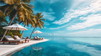 Stunning landscape, swimming pool blue sky with clouds. Tropical resort hotel in Maldives. Fantastic relax and peaceful vibes, chairs, loungers under umbrella and palm leaves. Luxury travel vacation