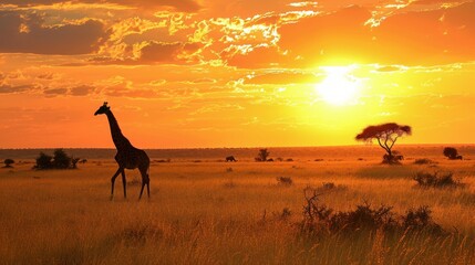 Poster -  a giraffe standing in the middle of a field with the sun setting in the background and a tree in the middle of the field in the foreground.