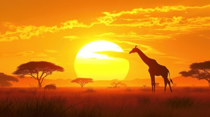 Wall Mural -  a giraffe standing in the middle of a field with the sun setting in the background with trees in the foreground and a few giraffes in the foreground.