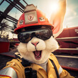 Hase in Feuerwehruniform als Selfie mit Feuerwehrauto im Hintergrund