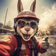 Hase in Feuerwehruniform als Selfie mit Optimismus für den aktuellen Einsatz gegen Feuer