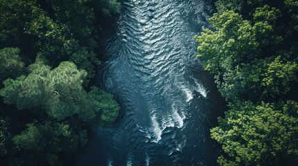 Sticker -  an aerial view of a river running through a lush green forest filled with lots of trees and a bird's eye view of a boat in the middle of the water.