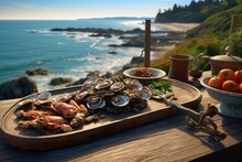 
Showcase A Platter Of Fresh Seafood On A Rustic Wooden Table Overlooking A Picturesque Seascape