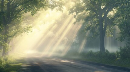 Wall Mural -  the sun shines through the trees onto a road in the middle of a wooded area with trees on both sides of the road and a foggy road in the foreground.