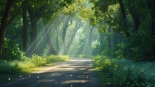  A Dirt Road In The Middle Of A Forest With Sunbeams Shining Through The Trees On Either Side Of The Road Is A Dirt Road With Grass And Trees On Both Sides.