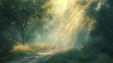  A Painting Of Sunbeams Shining Through The Trees Onto A Dirt Road In The Middle Of A Wooded Area With Grass And Trees On Both Sides Of The Road.