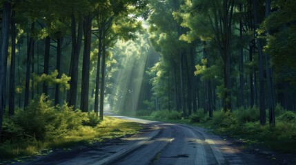 Sticker -  a painting of a dirt road in the middle of a forest with sunlight streaming through the trees on either side of the road is a dirt road that runs through the center of the forest.