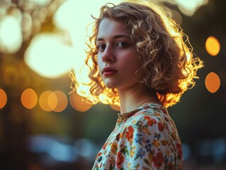 Wall Mural - Photorealistic Teen White Woman with Blond Curly Hair vintage Illustration. Portrait of a person in 1960s era aesthetics. Mod fashion. Historic photo Ai Generated Horizontal Illustration.