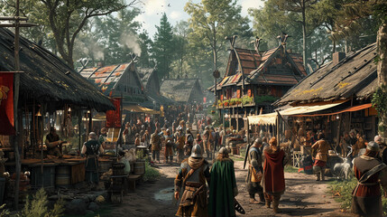 Wall Mural - Viking village scene, with wooden houses, a blacksmith forging weapons, villagers in Viking-era attire engaging in daily activities, a market stall displaying period goods, surrounded by a dense Nordi