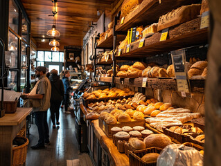 Wall Mural - bakery with an assortment of breads and cakes on wooden shelves, customers browsing, warm interior lighting, a welcoming vibe