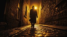 A Man Walks On A Narrow And Stony Street