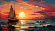 Beautiful Sailboat Sailing On The Calm Ocean Waters, Illuminated By The Warm Hues Of A Breathtaking Sunset