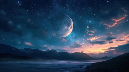 a view of a mountain range with a moon in the sky and a distant mountain range in the foreground wit