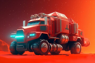 Wall Mural - Futuristic space truck on red background. Generative AI