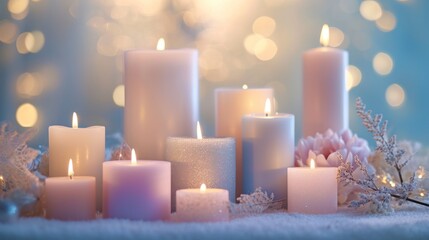 Sticker -  a group of lit candles sitting on top of a snow covered ground in front of a boke of snowflakes and a few pink flowers in the foreground.