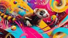  A Painting Of A Ferret Sitting On A Colorful Surface With A Lot Of Circles And Shapes Around It And A Ball In The Center Of The Picture Is Surrounded By Balls.
