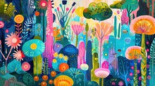  A Painting Of A Forest Filled With Lots Of Different Types Of Plants And Animals, All In Bright Colors, With A Sky Background Of Blue, Green, Pink, Yellow, Red, Orange, And Pink.