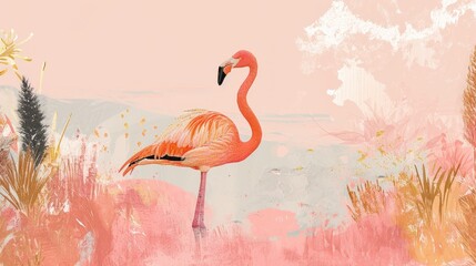 Sticker -  a painting of a pink flamingo standing in a field of tall grass with a pink sky in the background and a pink sky with white clouds in the foreground.