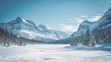 Fototapeta Góry - Glacier National Park in winter, showing snow-capped mountains, frozen lakes, and a peaceful, untouched snowy landscape